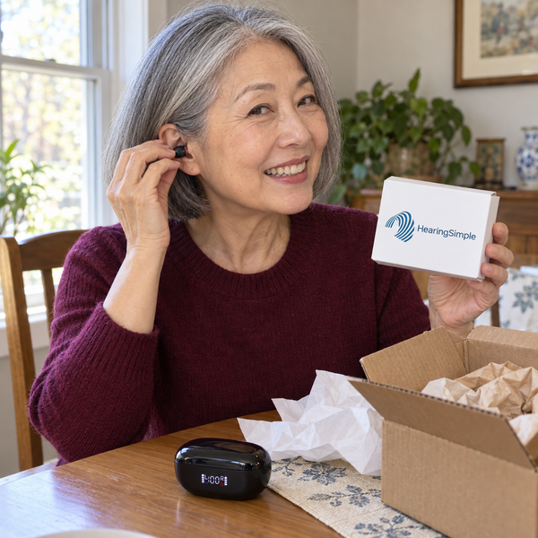 Customer unboxing Hearing Simple hearing aids at home