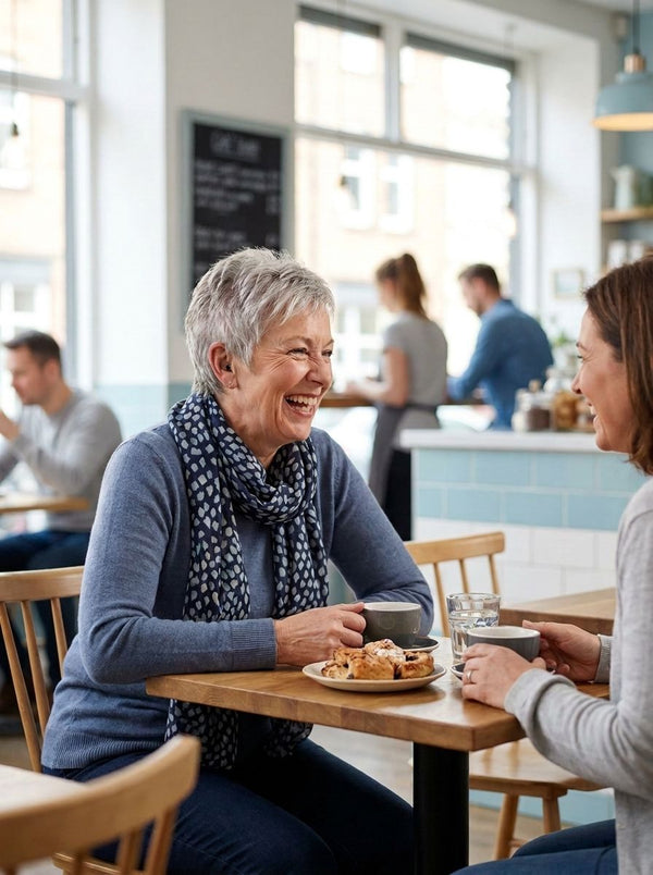 Woman laughing with a friend in a busy café
