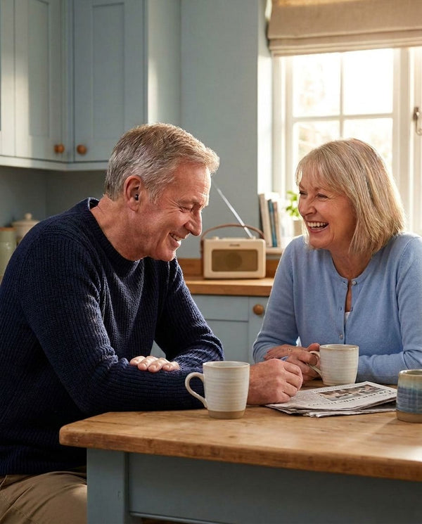 Couple laughing at the breakfast table