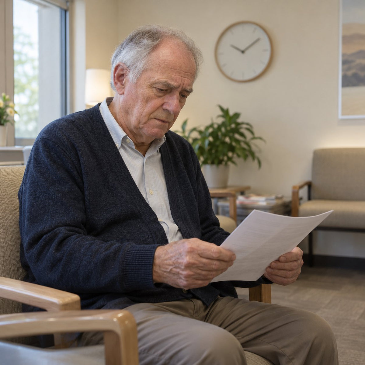 A clinic waiting room and a hearing aid invoice