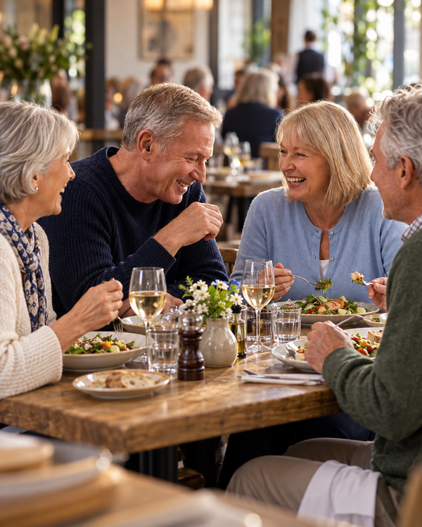 Two couples laughing over lunch