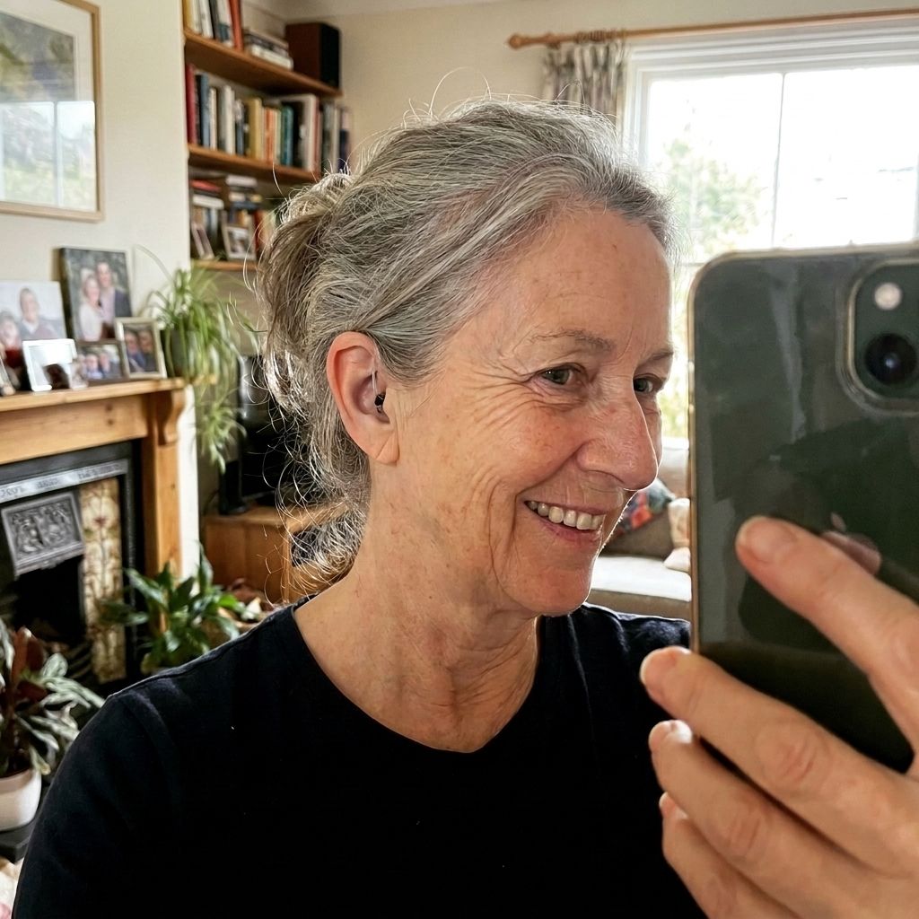 Woman smiling at her phone while wearing a HearingSimple hearing aid