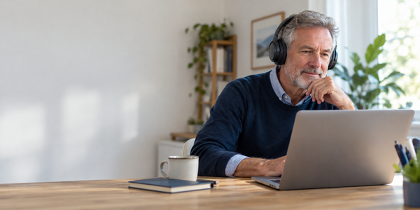 Man taking the online hearing check with headphones
