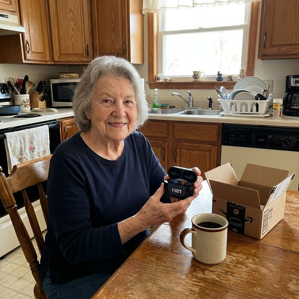 Customer at her kitchen table with her new hearing aids