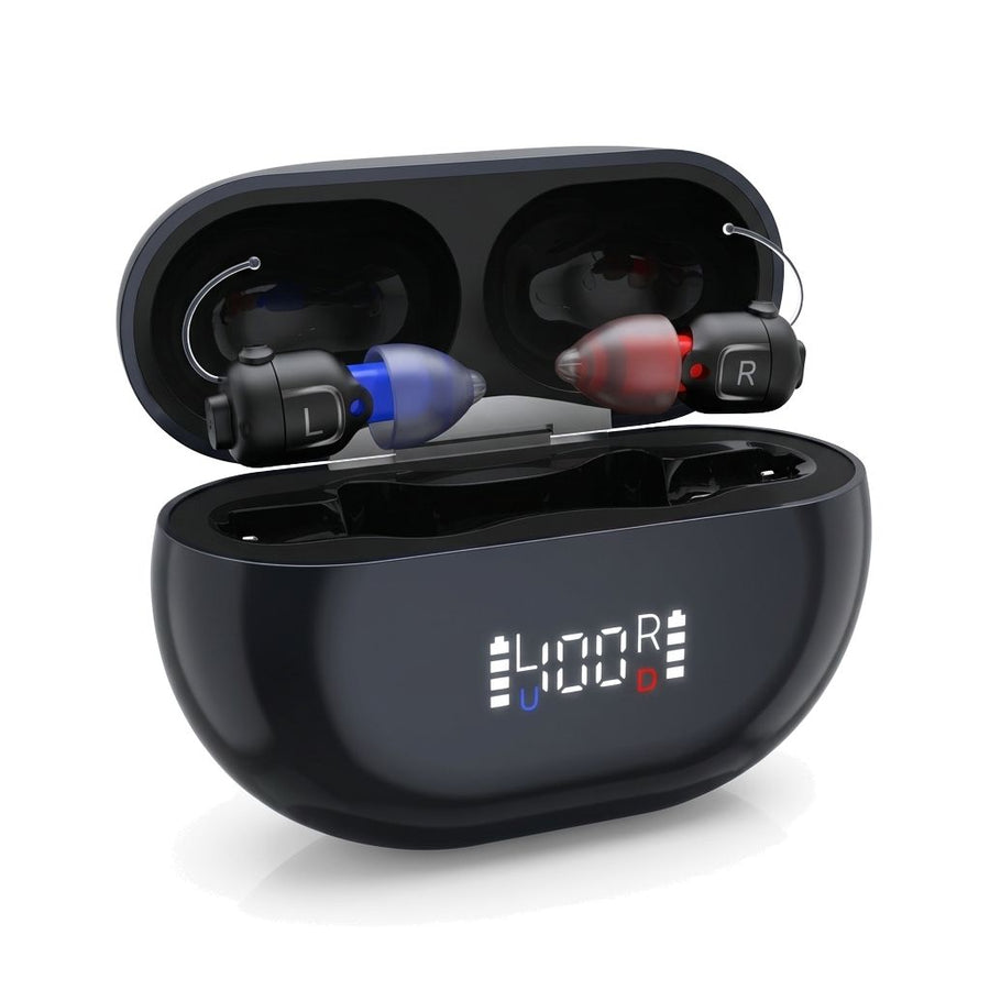 HearingSimple OTC hearing aids in the black charging case