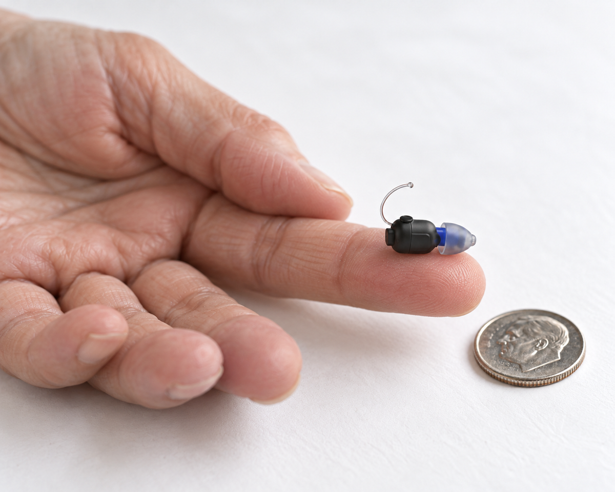 The small HearingSimple in-ear hearing aid on a fingertip