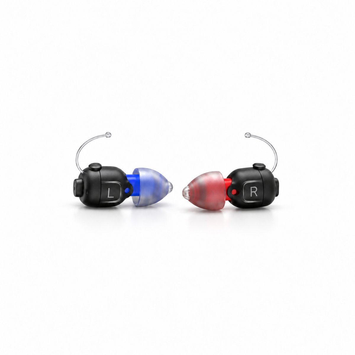 Left HearingSimple hearing aid with blue tip and right with red tip