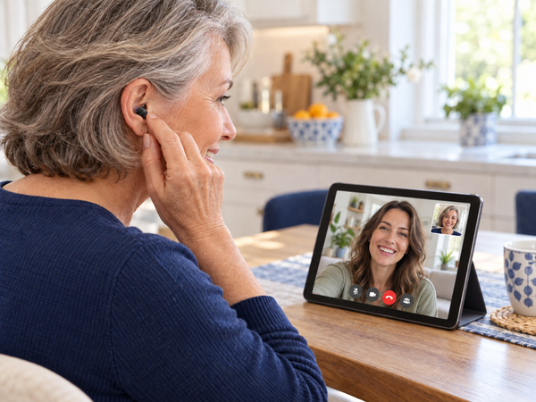 Woman on a video call, touching the hearing aid in her ear